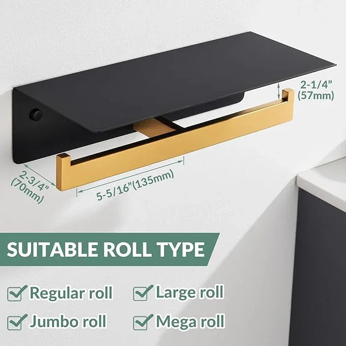 APLusee Double Toilet Paper Holder with Phone Shelf, 304 Stainless Steel Bathroom Tissue Hanger, Wall Mounted Dual Roll Paper Dispenser, Black & Gold - ModernBath
