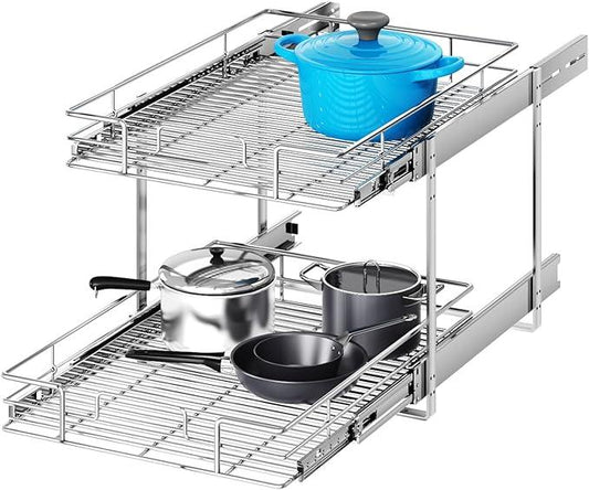 2 Tier Individual Pull Out Cabinet Organizer 19½" W x 21½" D, Heavy Duty Cabinet Pull Out Shelves, Slide Out Drawers Organization for Kitchen Cabinets Bathroom - ModernBath