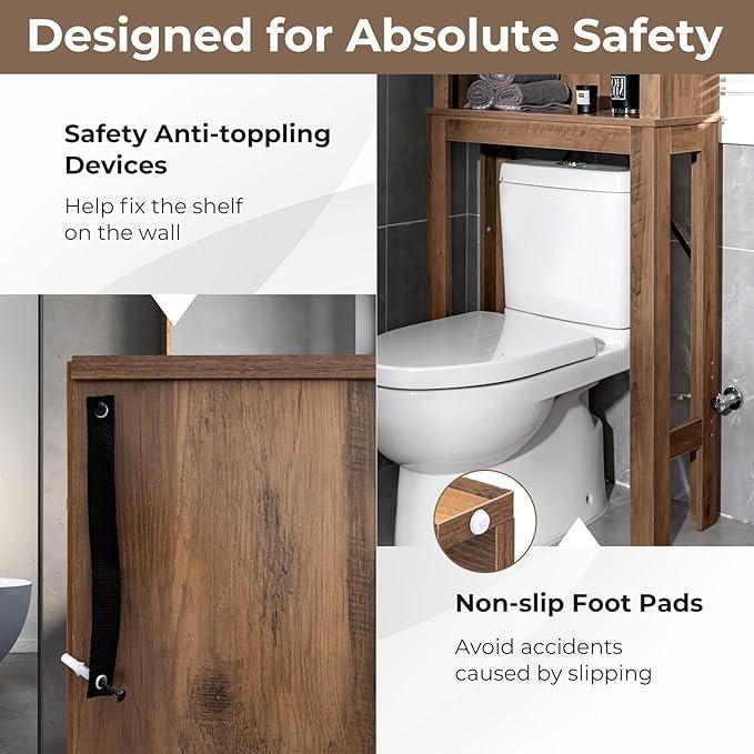 LOKO 4-Tier Over The Toilet Storage Cabinet, Bathroom Toilet Rack with 3-Position Adjustable Shelves, Freestanding Above Toilet Organizer with Anti-Toppling Devices & Non-Slip Foot Pads, Brown - ModernBath