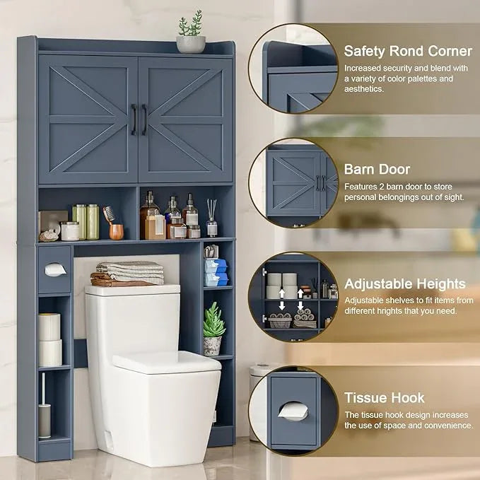 Over The Toilet Storage Cabinet, Farmhouse Toilet Cabinet Rack with Barn Doors, Space Saving Bathroom Organizer with Shelves, Toilet Paper Holder and Towel Rack for Bathroom,Restroom,Laundry,Blue - ModernBath