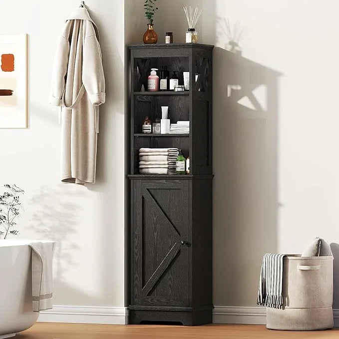 Narrow Bathroom Storage Cabinet with Door and Open Adjustable Shelves, 60.9" H Wooden Tall Tower Corner Farmhouse Cabinet, Freestanding Organizer for Kitchen, Entryway Black - ModernBath