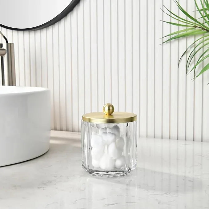 Indecor Home Clear Transparent Apothecary Octagional Shaped Glass Canister Jar With Gold Metal Lid Cover for Bathroom Organization, Cotton Balls, Q Tips, and Small Accessories, Bathroom Storage - ModernBath