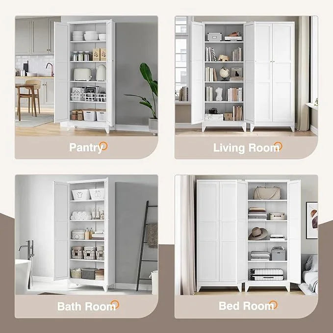 Yizosh Metal Pantry Cabinet, 75" Kitchen Pantry with 2 Door and 4 Adjustable Shelves,White Metal Pantry Storage Cabinet,Cupboard for Kitchen,Dining Room,Living Room and Bathroom - ModernBath