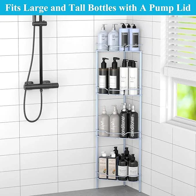 4 Tier Floor Standing Corner Shower Caddy Organizer Shelf with Hooks, Bathroom Shelves Stand Rack, Blue - ModernBath