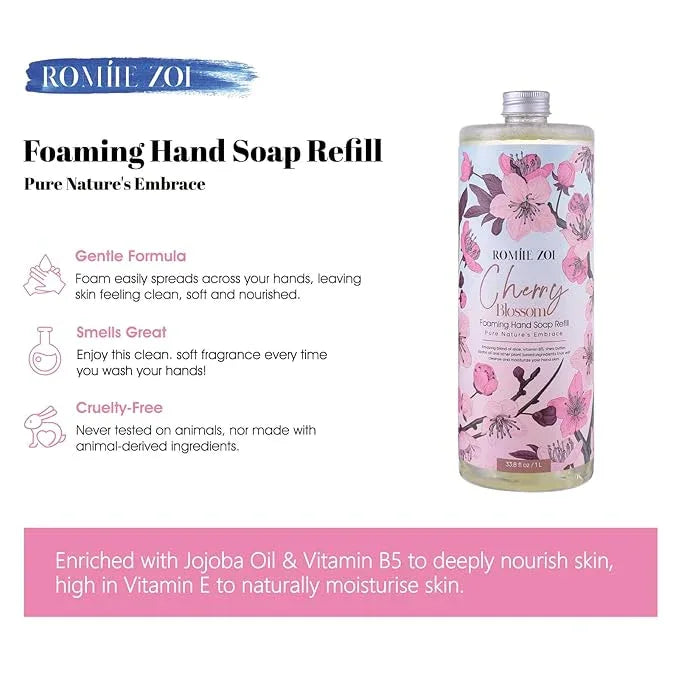 ROMIIE ZOI Foaming Hand Soap Refill, CHerry Blossom, Gentle & Moisturizing Formula, 1000 ML/ 33.8 FL OZ - ModernBath