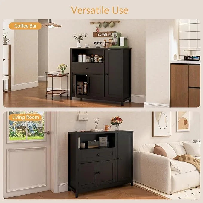 Storage Cabinet with Doors and Drawers,Kitchen Storage Cabinets，with Drawer and Adjustable Shelf (Black) - ModernBath