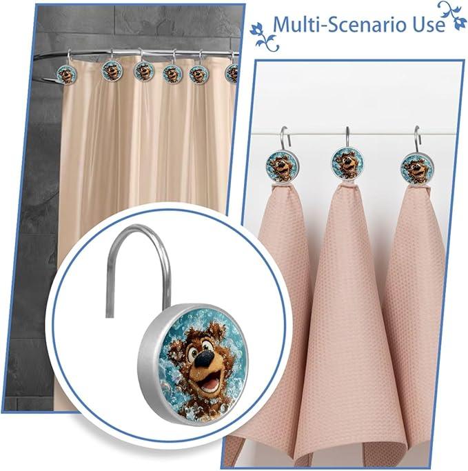 Cartoon Brown Bear and Bubbles Shower Curtain Hooks 12Pcs, Decorative Rust Resistant Shower Rings for Shower Curtain Rods, Stainless Steel Round Curtain Hooks for Bathroom, Bedroom, Farmhouse - ModernBath
