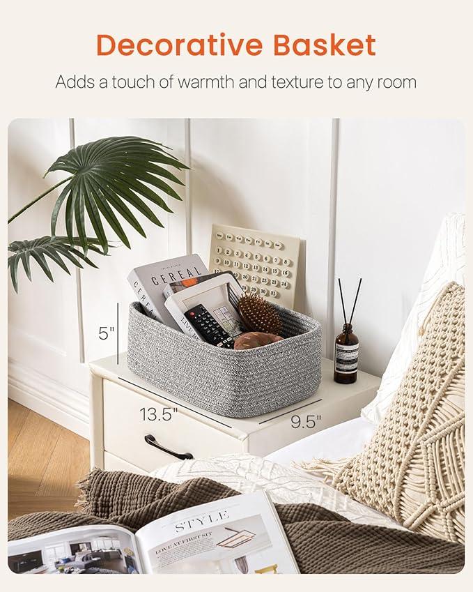 Small Woven Basket, 13.5 x 9.5 x 5 Inches, Storage Basket for Organizing, Cute Small Rope Shelf Closet Cube Storage Bins Baskets for Shelves, Dog Toy Gift Baskets Empty, 3 Packs, Mixed Grey - ModernBath