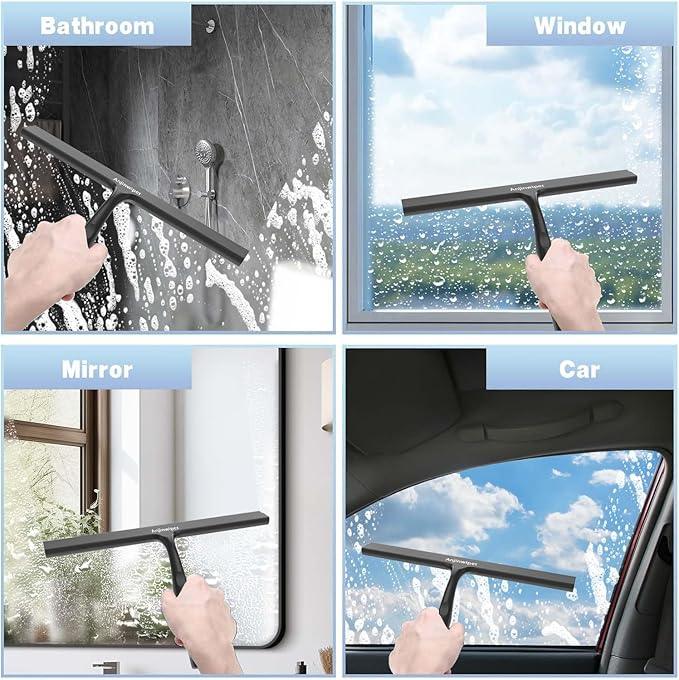 Anjinwiper Household Squeegee for Shower Glass Doors, Silicone Shower Squeegee with Adhesive Hook, Bathroom Squeegee for Shower, Window Cleaner Tool for Glass Door, Kitchen, Tile Wall(10 inch-Black) - ModernBath