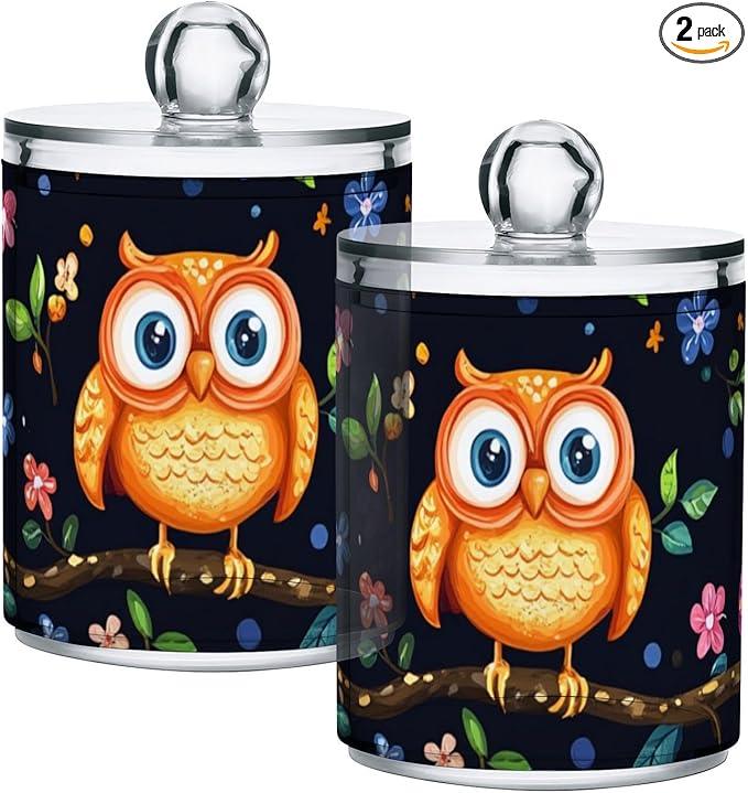Tatenale Qtip Holder Bathroom Set Q tip Cotton Ball Swab Pad Dispenser Container Organizer Plastic Jars with Lids Storage 2Pack Vibrant Owls Branches Flowers Spring - ModernBath