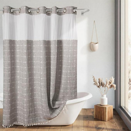 River Dream Farmhouse Khaki Shower Curtain with Snap-in Liner, No Hooks Shower Curtain Set, with Tassels for Bathroom Decor,Shower Curtain and Liner with Sheer Window 71x74 Inch - ModernBath