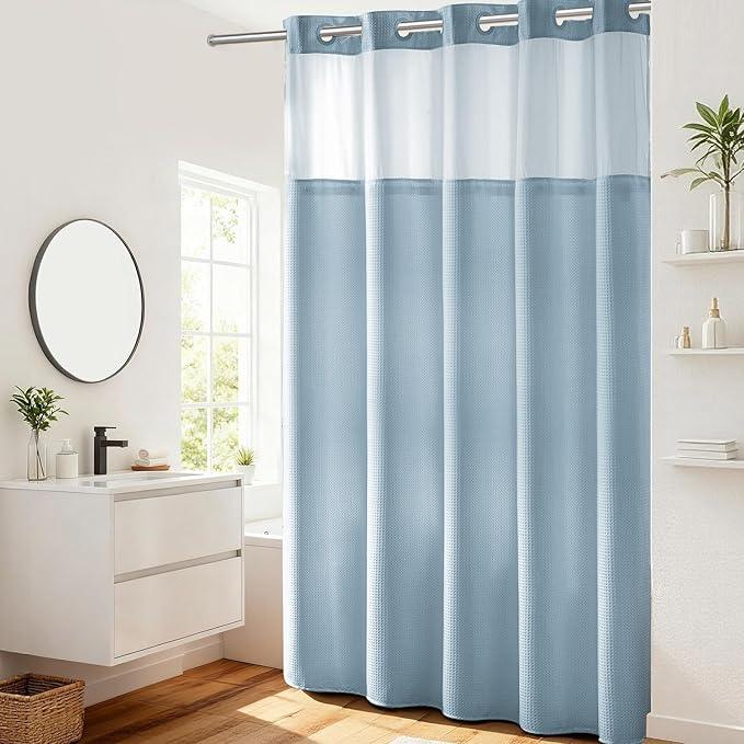 River Dream Heavyweight No Hooks Required Dotted Waffle Weave Shower Curtain with Snap in Liner -Extra Long 71W x 86H,Hotel Grade,Spa Like Bath Curtain,Blue - ModernBath