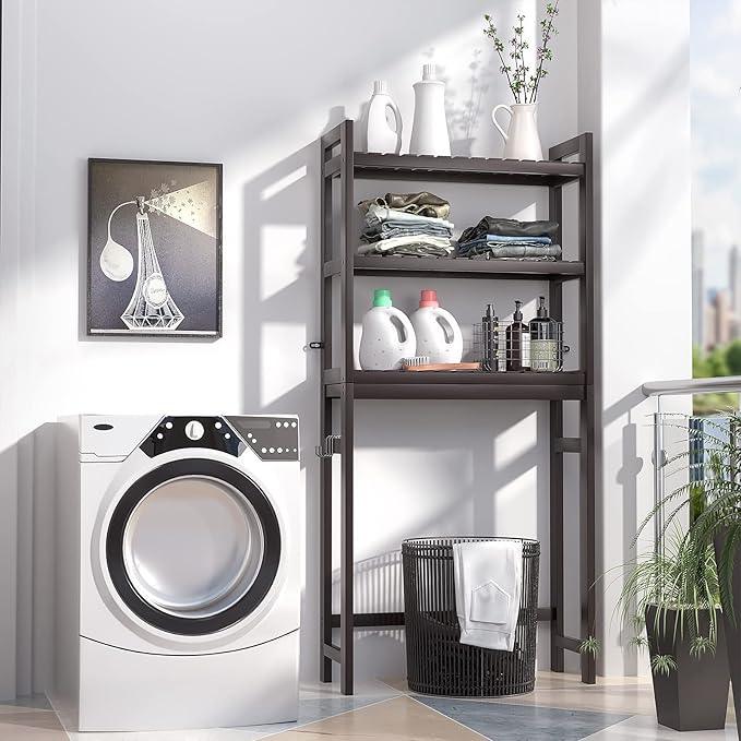Homykic Over The Toilet Storage, Bamboo 3-Tier Over-The-Toilet Space Saver Organizer Rack, Stable Freestanding Above Toilet Stand with 3 Hooks for Bathroom, Restroom, Laundry, Espresso - ModernBath