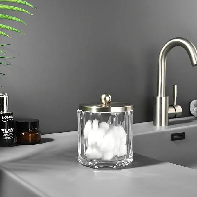 Indecor Home Clear Transparent Apothecary Octagional Shaped Glass Canister Jar With Satin Nickel Metal Lid Cover for Bathroom Organization, Cotton Balls, Q Tips, and Small Accessories, Bath Storage - ModernBath