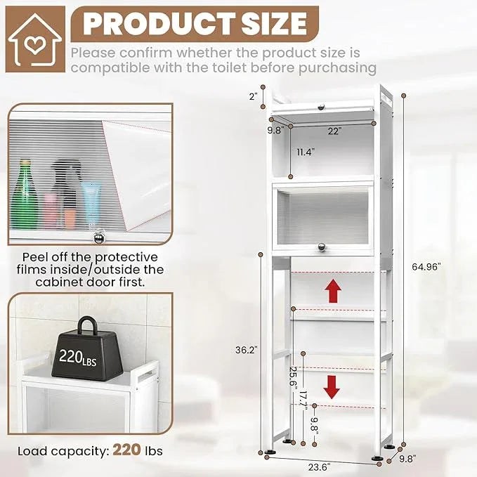 ZZL Over The Toilet Storage Cabinet,3-Tier,Bathroom Toilet Organizer,Waterproof, Cabinet Door Design,Freestanding Space Saver with 4 Hooks for Bathroom,White - ModernBath