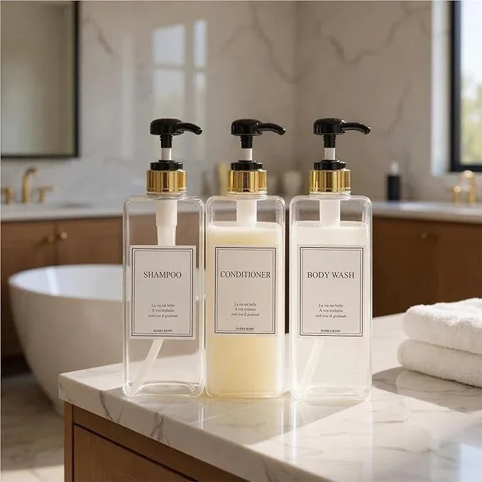 Modern Gold Design Shampoo and Conditioner Dispenser, Large 27oz Shower Soap Dispenser, Set of 3 Refillable Empty Plastic Pump Bottles for Bathroom (6 Waterproof Labels Included), (Clear & Black) - ModernBath