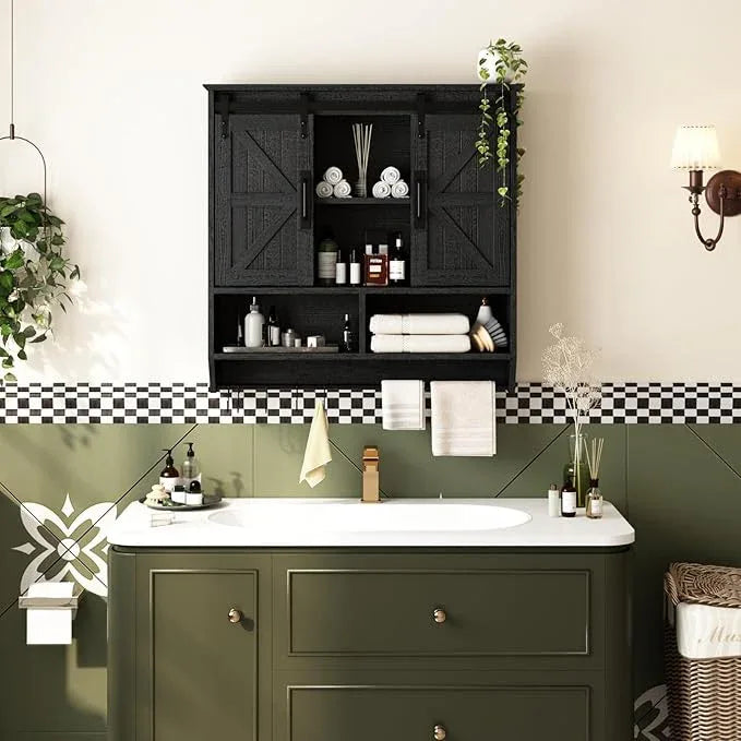 RUSTOWN Farmhouse Bathroom Wall Cabinet,3-Tier Rustic Wood Wall Mounted Cabinets,Vintage Medicine Cabinet with Sliding Barn Door and Adjustable Shelves,Over The Toilet Storage Cabinet (Black) - ModernBath