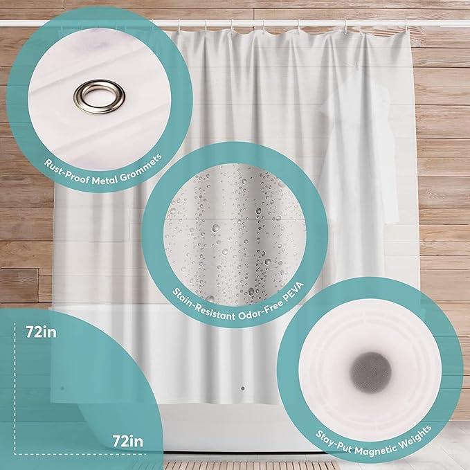 BigFoot Shower Curtain Liner – 72 x 72 PEVA Heavy Duty Shower Curtain with Rustproof Metal Grommet and 3 Magnetic Weights – Odor Free and Compatible with Standard Showers, Clear - ModernBath