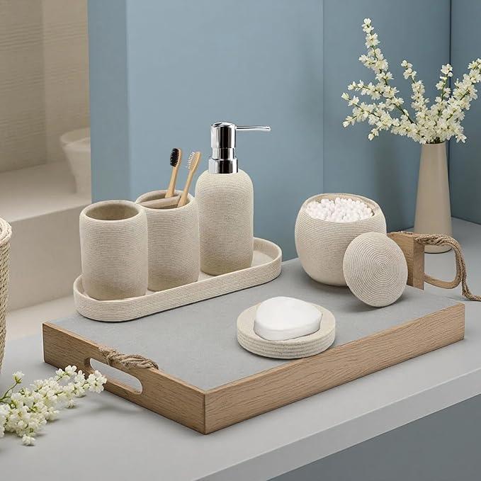 Bathroom Accessory Set, 6PCS Beige Bathroom Accessories - Soap Dish, Lotion Dispenser, Toothbrush Holder, Mouthwash Cup, Tray, Cotton Ball Jar, Aesthetic Decor Bathroom Sets - ModernBath