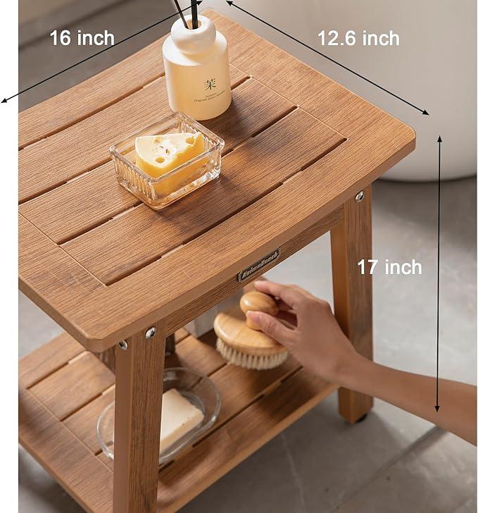 HDPS Shower Bench Seat for Inside, Waterproof Poly Lumber Shower Stool for Shaving Legs, Bathroom Foot Rest with Storage Shelf, Plastic Bath Chair Seat for with Adjustable Feet, No Maintenance, Brown - ModernBath
