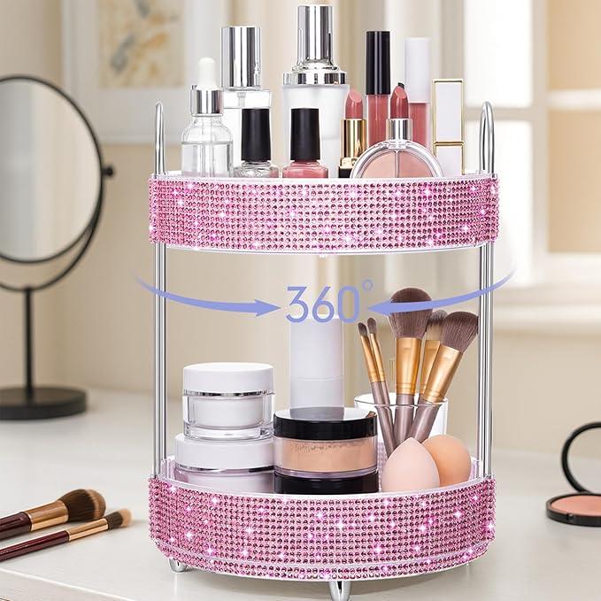 Honeydak 360 Rotating Perfume Organizer Rhinestone Bathroom Counter Organizer Makeup Holder with 2 Tiers Skincare and Perfume Storage, Vanity Storage for Cosmetic Countertop Decor (Pink) - ModernBath