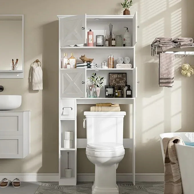 Over The Toilet Storage Cabinet, Farmhouse Storage Cabinet Over Toilet with 4 Barn Doors & Toilet Paper Holder Stand, White Toilet Shelf Home Space Saver for Restroom, Bathroom, Laundry - ModernBath