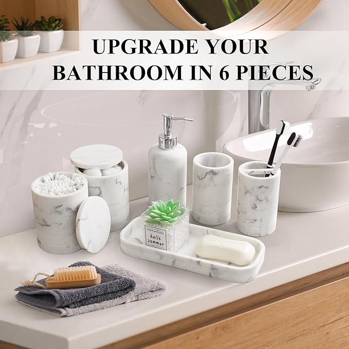 LIN CHUAN 6-Piece Bathroom Accessories Set, Organizer Set with Soap Dispenser, Toothbrush Holder Set, Vanity Tray, Tumbler & 2 Cotton Swab Jars – Modern Stylish Bathroom Storage(Marble White) - ModernBath
