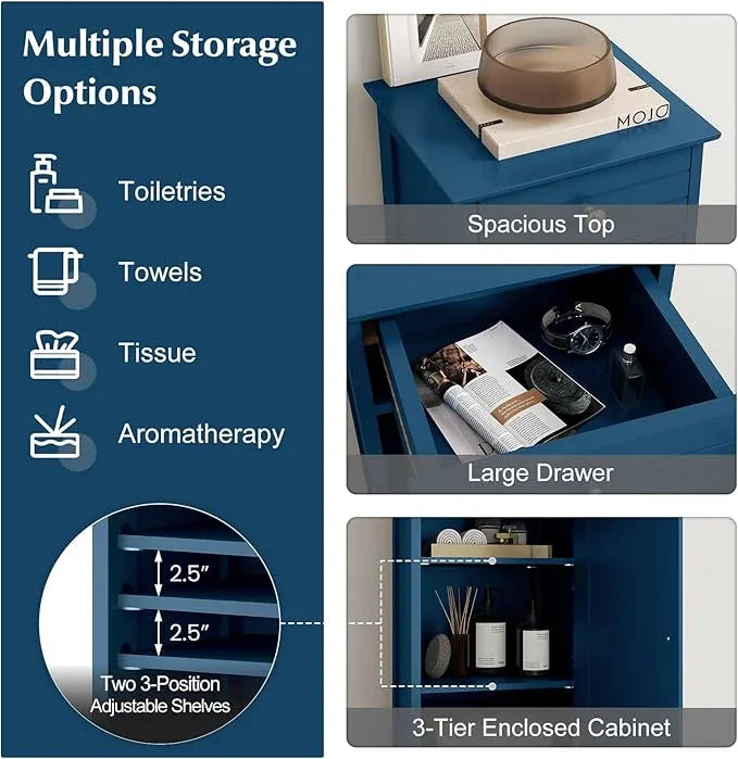 Tangkula Bathroom Floor Cabinet, Wooden Side Storage Organizer Unit, Free-Standing Single Door Floor Storage Cabinet with Large Drawer & 2 Adjustable Shelves for Living Room (Blue) - ModernBath