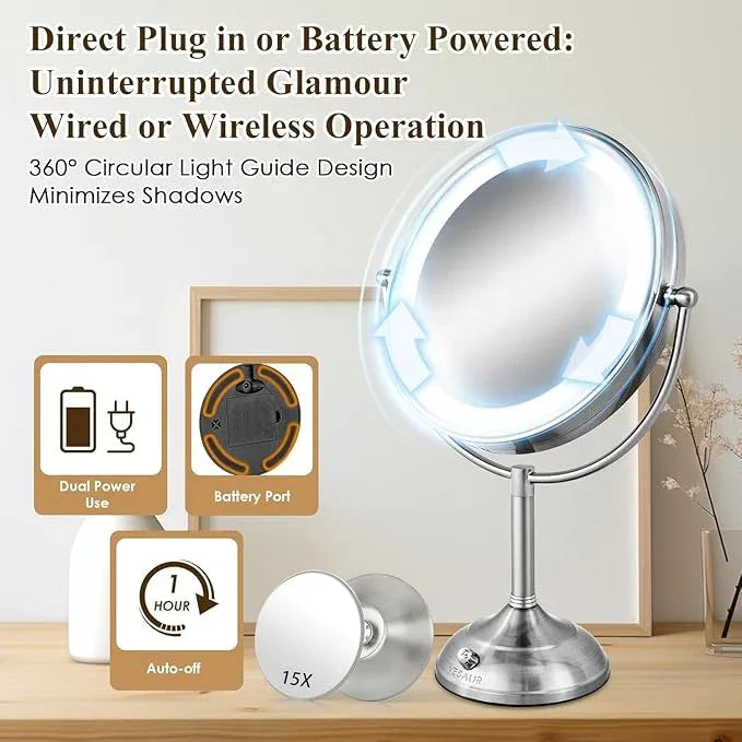 VESAUR 11" Large and 17" Tall Lighted Makeup Mirror, Double Sided 1X 10X Magnifying 3 Colors with Lights, Brightness Adjustable 360° Rotation Cosmetic Light up Mirror, Luxury Nickel - ModernBath