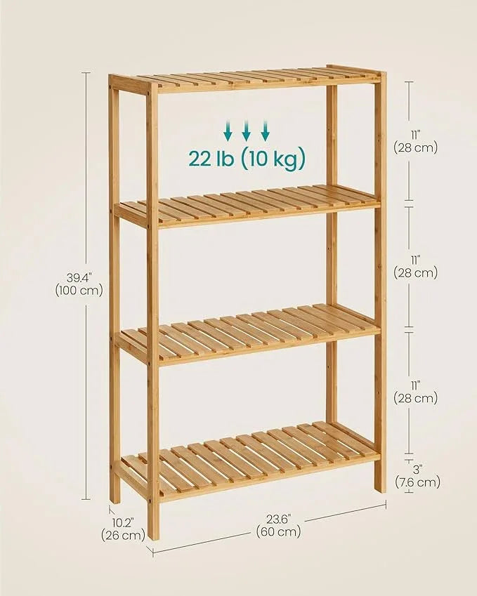 SONGMICS Bamboo Storage Shelf, 4-Tier Shelving Unit, Multifunctional, in The Entryway, Bathroom, Living Room, Balcony, Kitchen, 10.2 x 23.6 x 39.4 Inches, Light Bamboo UBCB034Y01 - ModernBath