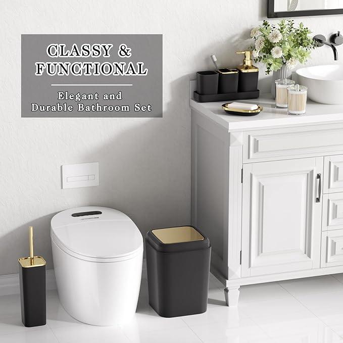 XLHOMO Black Bathroom Accessories Set, Black and Gold Bathroom Accessories with Trash Can, Tray, Soap Dispenser, Soap Dish, Toothbrush Holder, Toothbrush Cup,Toilet Brush and Qtip Holders - ModernBath