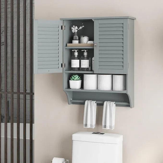 Giantex Medicine Cabinet with 2 Louvered Doors, 3-Position Adjustable Shelf, Towel Bar, Wall Mounted Bathroom Cabinet Above Toilet, Over The Toilet Space Saver (Grey) - ModernBath