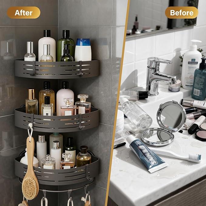 TIMBERHIDE 3-Tier No-Drill Storage Caddy with Hooks&Towel Bar,Organizing Solution for Bathroom,Shower&Kitchen,Holds Shampoos,Soaps,Sponges&Cleaners,Triangle - ModernBath