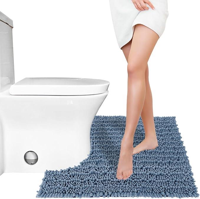 Yimobra Toilet Rug U Shaped Washable 24x24 Inch - Ultra Soft Absorbent Chenille Bath Rugs for Toilet, Quick Dry & Machine Washable, Non Slip Contour Bathroom Mat, Denim Blue - ModernBath