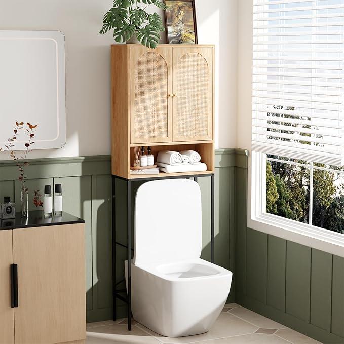 VINGLI Over The Toilet Storage Cabinet, Rattan Bathroom Organizer Behind Toilet,Above Metal Stand Rack Tall Freestanding Wood Cabinet with Wicker Doors,Adjustable Shelf for Bathroom,Restroom,Bohemian - ModernBath