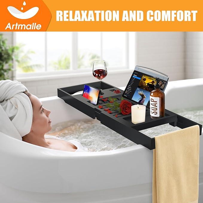 Luxury Bathtub Caddy Tray for Tub - Foldable Bamboo Bath Table Tray with Book and Wine Glass Holder, Expandable Bathroom Accessories for Spa or Reading Lite Style,Black - ModernBath