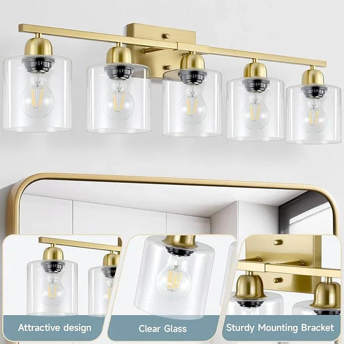 FAISHILAN Modern Brushed Gold 5 Light Bathroom Vanity Light,31 inch Vanity Lights for Bathroom with Clear Glass for Mirror Kitchen Living Room Hallway Cabinet Porch - ModernBath