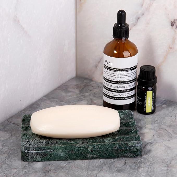 2PCS Koville Indian Natural Green Marble Soap Dish for Shower, Stone Soap Tray for Bathroom, Marble Bar Soap Holder for Sink, Stripe Grooves Soap Saver Sponge Holder - ModernBath