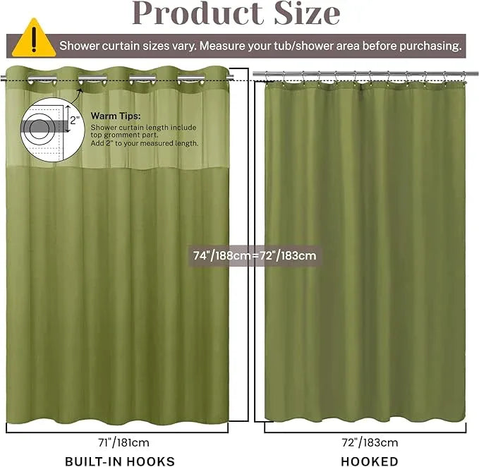 SORTTO No Hook Slub Textured Shower Curtain with Snap in Liner - Olive Fabric Outer Curtain & Waterproof Inner Liner, Hotel Style with See Through Top Window, 71x74 in - ModernBath