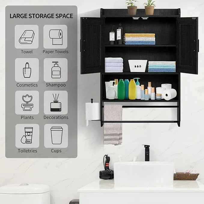 Bathroom Wall Cabinet, Wooden Medicine Cabinet Over the Toilet with Adjustable Inner Shelf, Wall Mounted Cabinet with Doors for Bathroom Storage, Hanging Cabinet for Wall with Towels Bar (Black) - ModernBath