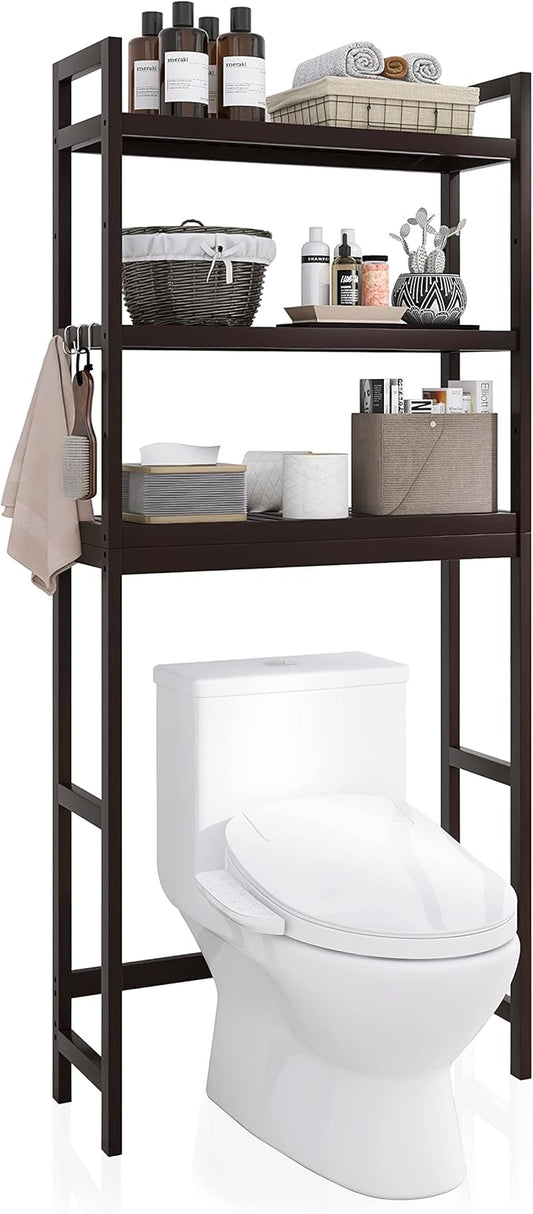 SMIBUY Bathroom Storage Shelf, Bamboo Over-The-Toilet Organizer Rack, Freestanding Toilet Space Saver with 3-Tier Adjustable Shelves (Dark Brown)