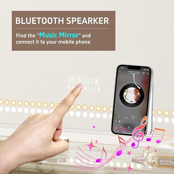 FENCHILIN Vanity Mirror with Lights and Bluetooth Speaker 31.5"x 22.8" Makeup Mirror Lighted Hollywood Mirror with LED Light Beads USB Charge Port, 3 Color Lighting Modes - ModernBath