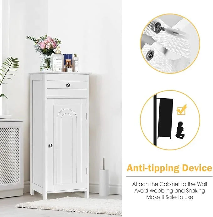 HAPPYGRILL Small Bathroom Storage Cabinet,Single Door Narrow Storage Cabinet Organizer w/Drawer & 3-Level Adjustable Shelves,Bathroom Cabinets Freestanding w/Anti-Tipping Device for Living Room Toilet - ModernBath