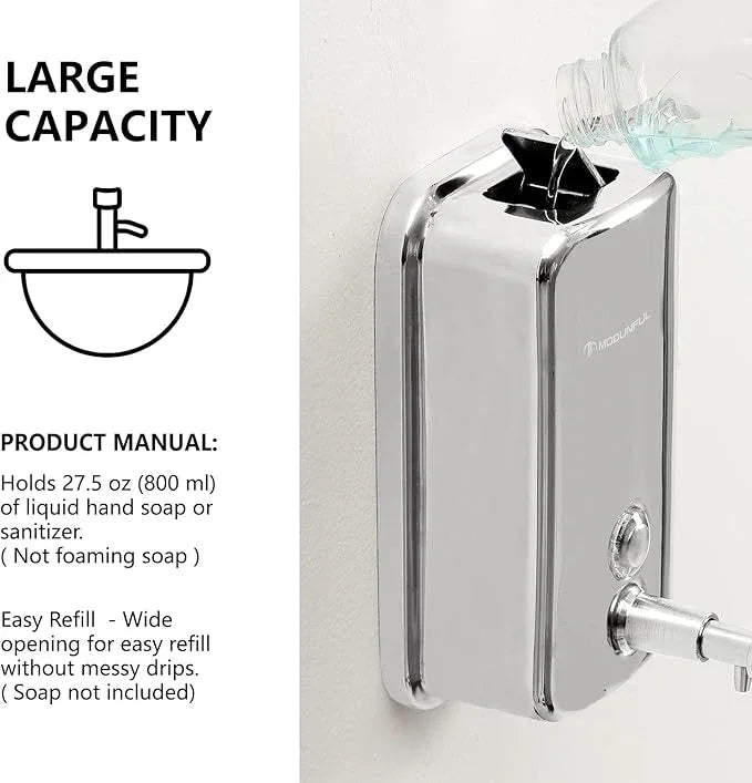modunful Stainless Steel Soap Dispenser – 27oz Wall Mounted for Family Use, Brushed Nickel, Leak-Proof Pump, Durable Design for Busy Households - ModernBath