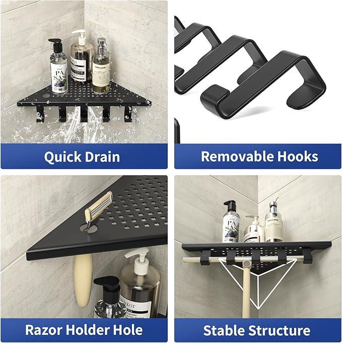 Grout in Shower Shelves with Hooks, 304 Stainless Steel Corner Bathroom Shelf for Tiled Wall (Matte Black, 10'' x 10'') - ModernBath