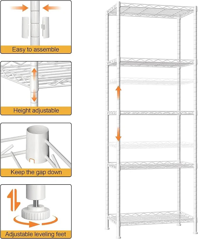 HOMEFORT 5-Shelving Unit, Adjustable Wire Shelving, Metal Wire Shelf Rack Organizer for Kitchen, Pantry, Closet, Bathroom, Laundry, White,21" W x 11" D x 53" H - ModernBath