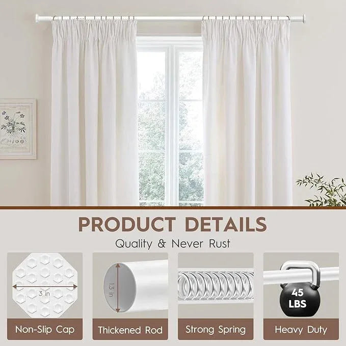 ZYKORT Tension Curtain Rod 51-128 In (4-10Ft), Outdoor Curtain Rod No Drilling for Patio Window, Shower Curtain Rod for Bathroom, Adjustable Spring Heavy Duty Tension Rod Renter Friendly, White - ModernBath
