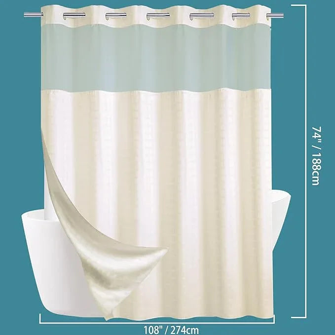 Conbo Mio Extra Wide No Hook Shower Curtain with Snap in Liner Set, 108" x 74" Hotel Luxury Beige Shower Curtains for Bathroom with See Through Top Window, Waterproof, Washable 108W x 74H - ModernBath