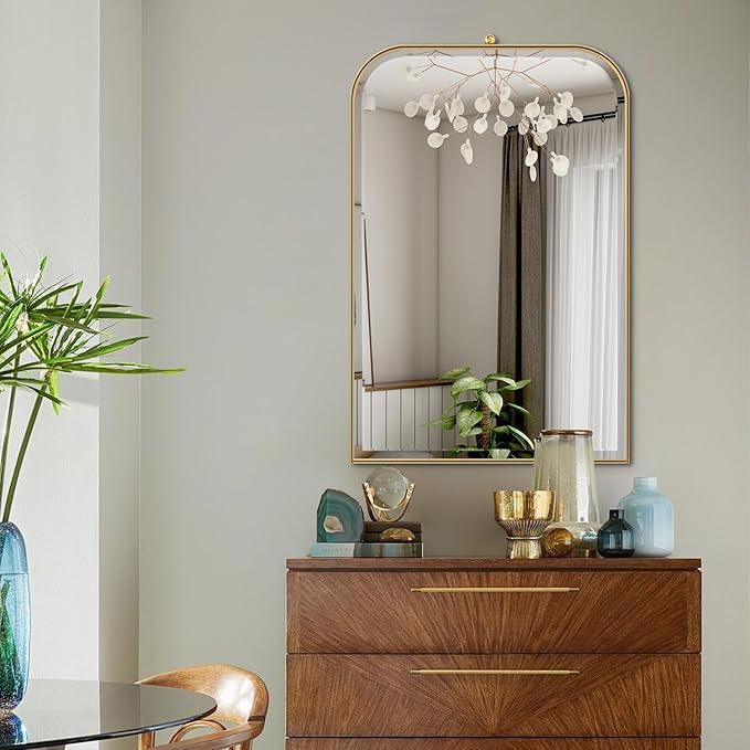 POZINO Brushed Gold Arched Mirror, 22"x35" Brass Vanity Oblong Mirror for Over Sink, Stainless Steel Frame Rounded Rectangle Mirrors for Bathroom Bedroom Living Room Entryway Hallway - ModernBath