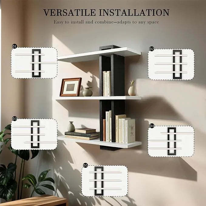 Floating Shelves for Wall 3 Tier White Bathroom Shelf Wall Mounted Black Modern Pine Wooden Shelves Rack for Livingroom Bedroom Kitchen Book Plants Organizers and Storage Decor - ModernBath